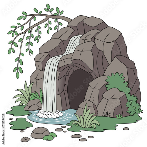 Cartoon illustration of a small waterfall cascading into a cave entrance surrounded by rocks and greenery