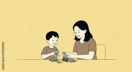 Child savings session with mother and child, counting money together at table, joyful scene. Child savings concept: family financial education, teaching responsibility and money value in early years.
