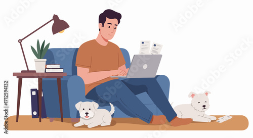 Home office setup showcases man working on laptop with dogs. Home office shows casual work environment with books, lamp, and two adorable dogs relaxing nearby, suggesting comfort and flexibility.