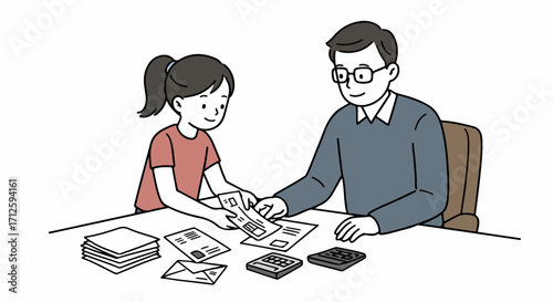 Managing family finances with dad and daughter reviewing financial documents at home on table. Managing finances requires collaboration, which creates opportunities to strengthen family bonds.