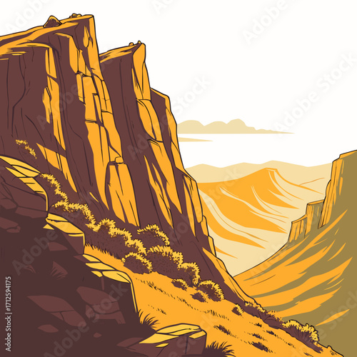 Dramatic desert canyon landscape with towering rock formations bathed in warm golden sunlight