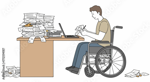 Man in wheelchair sorting paperwork on desk with computer and documents, overworked. Person with disability amidst overwhelming paperwork doing office work with laptop and papers.
