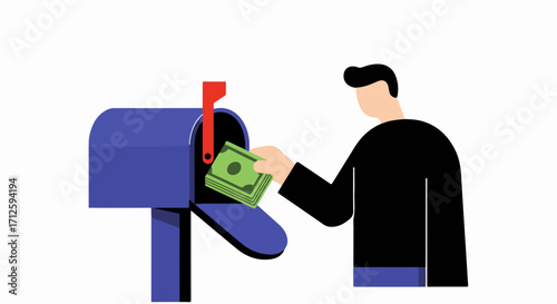 Putting money in, concept investment is represented by man inserting cash into mailbox. Concept of investment, sending cash in mailbox. Business financial investment is like putting money in,