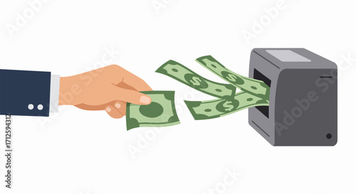 Hand putting money in machine. Money transfer illustration depicts payment solutions, digital transactions, and financial technology. Money transfer concept showcases modern banking,