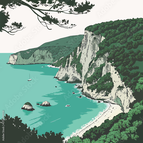 Idyllic mediterranean coastal landscape with sheer white cliffs and lush green vegetation overlooking turquoise waters
