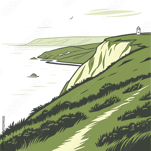 Scenic coastal cliff path overlooking the ocean with a distant lighthouse and rolling green hills