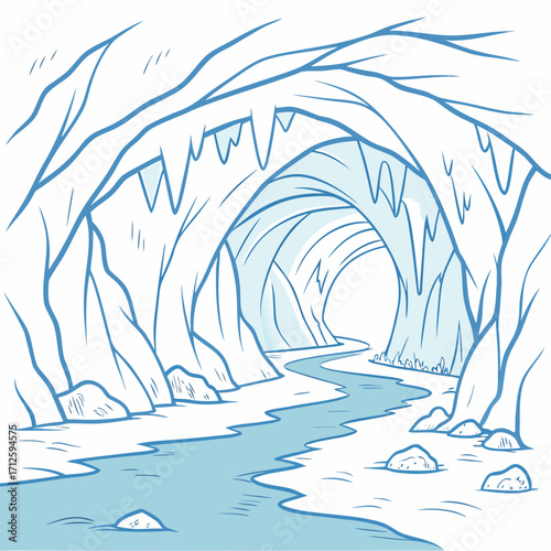 Stylized cartoon illustration of a winding river flowing through a bright blue ice cave with icicles