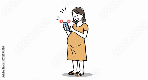 Pregnant woman using smartphone and smiling on white background. Pregnant woman checks social media and receives messages. Cartoon pregnant woman with smartphone sharing life updates.