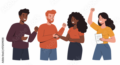 Group achievement demonstrates teamwork with people, celebrating success together. This group achievement involves diverse individuals,