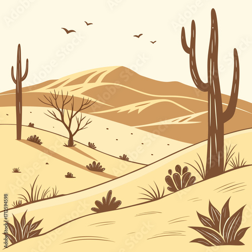 Stylized desert landscape with saguaro cacti barren tree and rolling hills under a pale sky