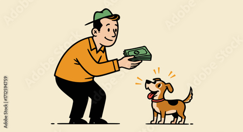 Man giving cash to pet dog, a playful scene of monetary compensation. Giving cash to pet dog showcases interaction between owner and canine companion, rewarding good behavior.
