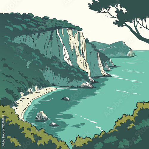 Stylized illustration of a serene coastal landscape with dramatic white cliffs and lush green foliage overlooking turquoise waters