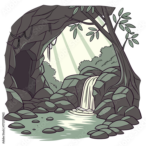 Sunlight streams into a lush jungle cave illuminating a serene waterfall cascading into a clear pool