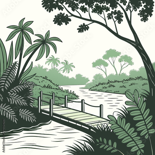 Tranquil jungle scene with a wooden pier extending over a calm river surrounded by lush tropical foliage