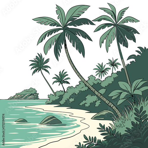 Tropical island paradise with palm trees sandy beach and calm turquoise ocean waves