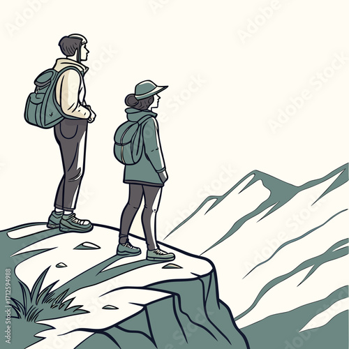 Two hikers with backpacks stand on a cliff edge overlooking majestic mountains and a vast expanse