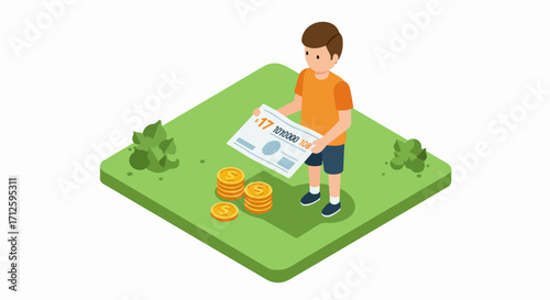 Boy holding money saving bond on green lawn. Money saving bond is held by child near stack of coins, with youthful enthusiasm. Illustrative money saving bond concept for securing financial future.