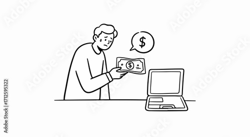 Unhappy man looking at money near laptop expressing financial problems. Financial difficulties concept for illustration, showing lack of funds due to online spending.
