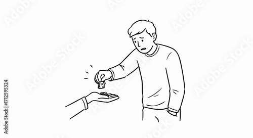 Man is giving money to a beggar. Giving money to poor person in need, coins represent aid and charity. Symbol giving money for social issues awareness, support, and compassion.