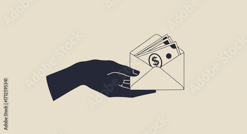 Hand holding money in envelope, representing cash payment, or secret salary. Cash payment shown in hand with dollars in envelope in financial concept.