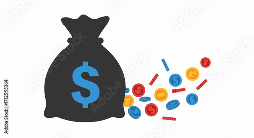 Bag of money spills colorful coins, showing financial abundance, wealth, and success. Bag of money with coins symbolizes savings, investment, and prosperity.