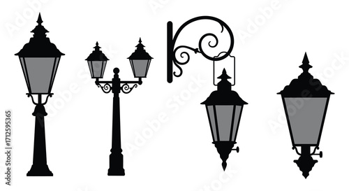 Elegant vintage street lamps in a stark black and white silhouette