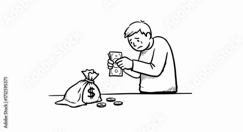 Man counting money from bag in financial trouble illustrated in monochrome, signifying financial problems, as he counts his savings with visible anxiety. Considering financial problems,