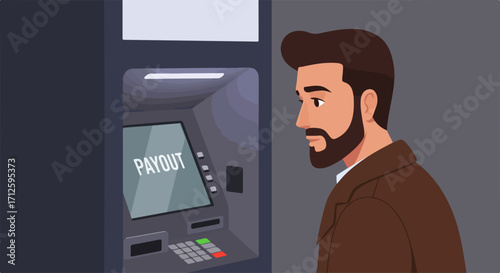 Problem with payout from ATM. Man looks at ATM with problem, the payout does not work, man looks at malfunctioning equipment. Concept of payout error for financial issues, problems with money,