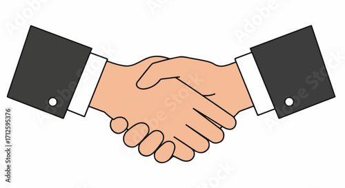 Depiction of handshake with two people in black business suits shaking hands, agreement concept. Successful handshake to signal business partnership, closing deal, or corporate collaboration.