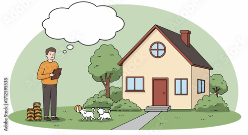 New house dream with man standing in front of house, imagining its potential with a thought cloud. New house dream illustration shows concept of planning, property ownership, and investment,