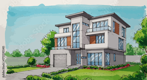 Modern house design showing exterior architecture with contemporary lines and ample glass. Modern house design shows concept residential architectural rendering, clean lines, and green lawn.