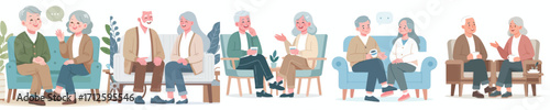 vector two old couples sitting talking happily