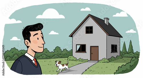 Man buying house illustrated scene with smiling man standing near new house. Buying house provides security and happiness, illustrated in front of modern home with dog.