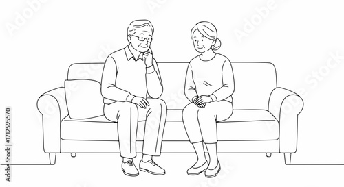 Senior couple sitting on couch. This Senior couple chatting on sofa, shows togetherness and shared moments, creating memories in retirement years.