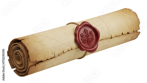Old rolled parchment scroll tied with red wax seal isolated on a transparent background