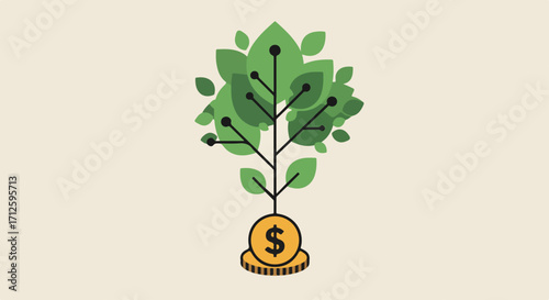 Concept of Financial growth represented by plant sprouting from dollar coins. Depicting financial growth with dollar sign coins and green leaves, this design symbolizes investing.