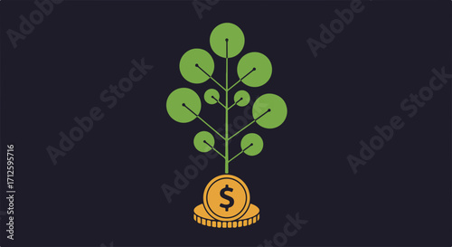 Illustration showing financial growth as tree, growth of money sprouting from coins, a representation of investment success.