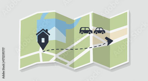 Folded map showing location with house and car icons, a folded map for journey planning. Folded map with point marker represents route from home to a destination.
