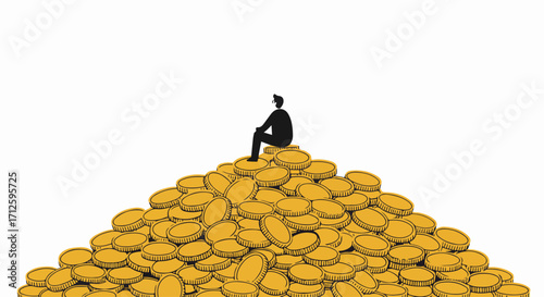Rich man contemplates success sitting on a pile of coins. Rich man in black suit sitting atop a large stack of golden currency, thinking of wealth, growth, and opportunities.
