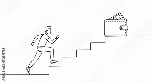 Ascending steps for money, conceptual drawing of person climbing stairs to reach wallet filled with cash. Ascending steps symbolize effort to achieve financial wealth.
