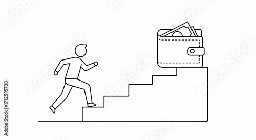 Financial goal illustrated with person running up steps towards full wallet. Financial goal for better savings and investments, person climbing towards economic prosperity,