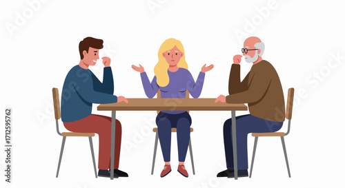 Family conflict, with a young man, woman and senior man at table, shows relationship issues.