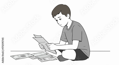 Boy reading document on floor, surrounded by papers, looking closely at information. Boy reading document, perhaps schoolwork or important instructions for project.