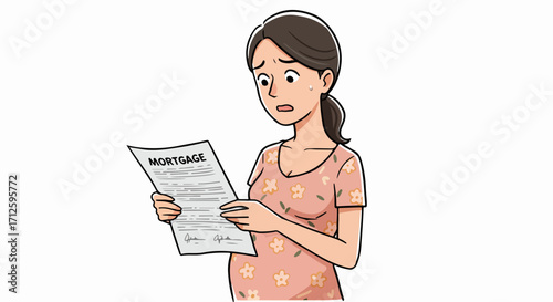 Pregnant woman reviews mortgage documents with worried expression on her face. Mortgage papers create financial stress during pregnancy, as this woman reads fine print and considers implications.