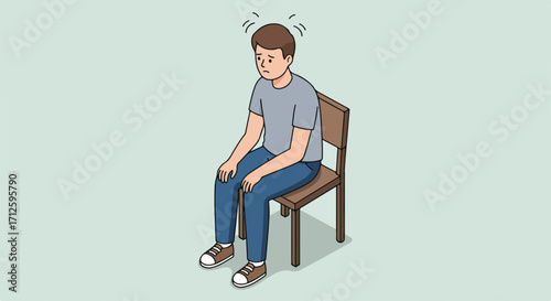 Man sitting feeling dizzy on chair, showing a person feeling dizzy, experiencing discomfort. Conceptual man feeling dizzy suffering from vertigo, headache, and nausea. Showing sickness,