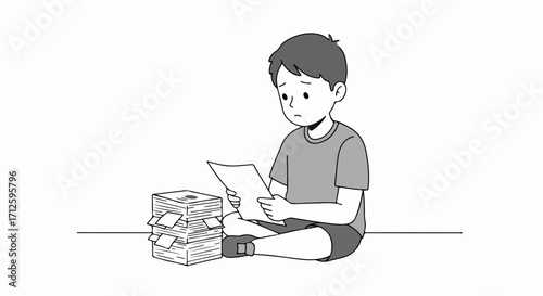 Boy holding paper sitting near stack of documents expresses frustration. Boy holding paper looks stressed with pile of papers, perhaps homework or school assignments, causing overwhelm.