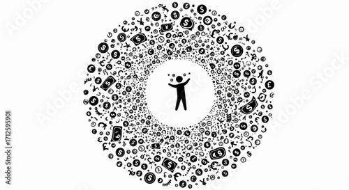 Business strategy showing silhouette juggling finance icons, showcasing business strategy for investments. Business strategy in symbolic way, demonstrating financial control.
