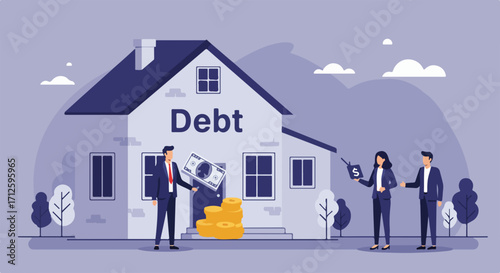 Managing home debt is a serious business for families, showing illustrated house with debt and money. Solving home debt with discussion and cooperation. Concept of home debt for financial planning,