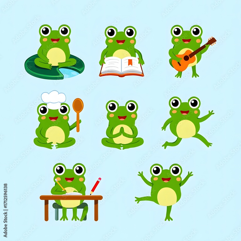 Obraz premium Cute cartoon frog characters set for children designs