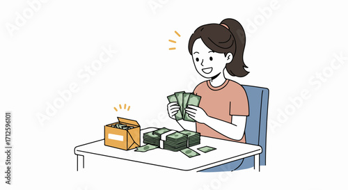 Happy woman counting money in cash savings at white table. Money handling includes bundles of cash, loose bills, and overflowing boxes of currency.
